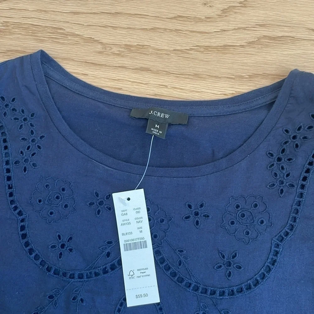 J.Crew Navy Embroidered Eyelet Ruffle Blouse Medium NWT